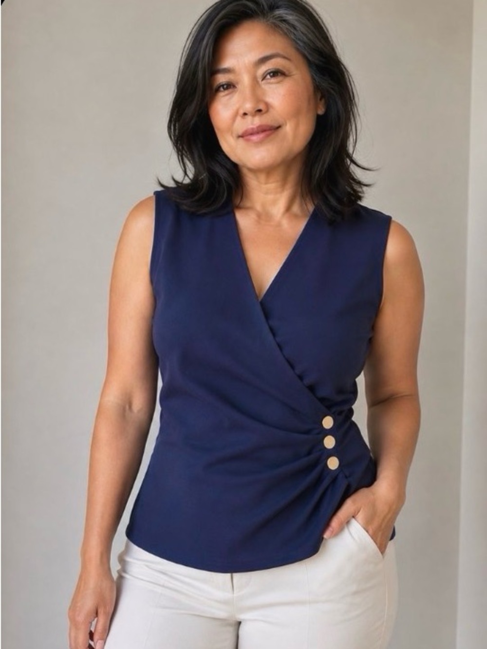 Karen Millen Navy Sleeveless Faux-Wrap Blouse with Gold Buttons